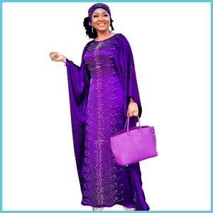 Cotton+Silk Blend Kaftan Maxi Dress with Rhinestone Embellishment
